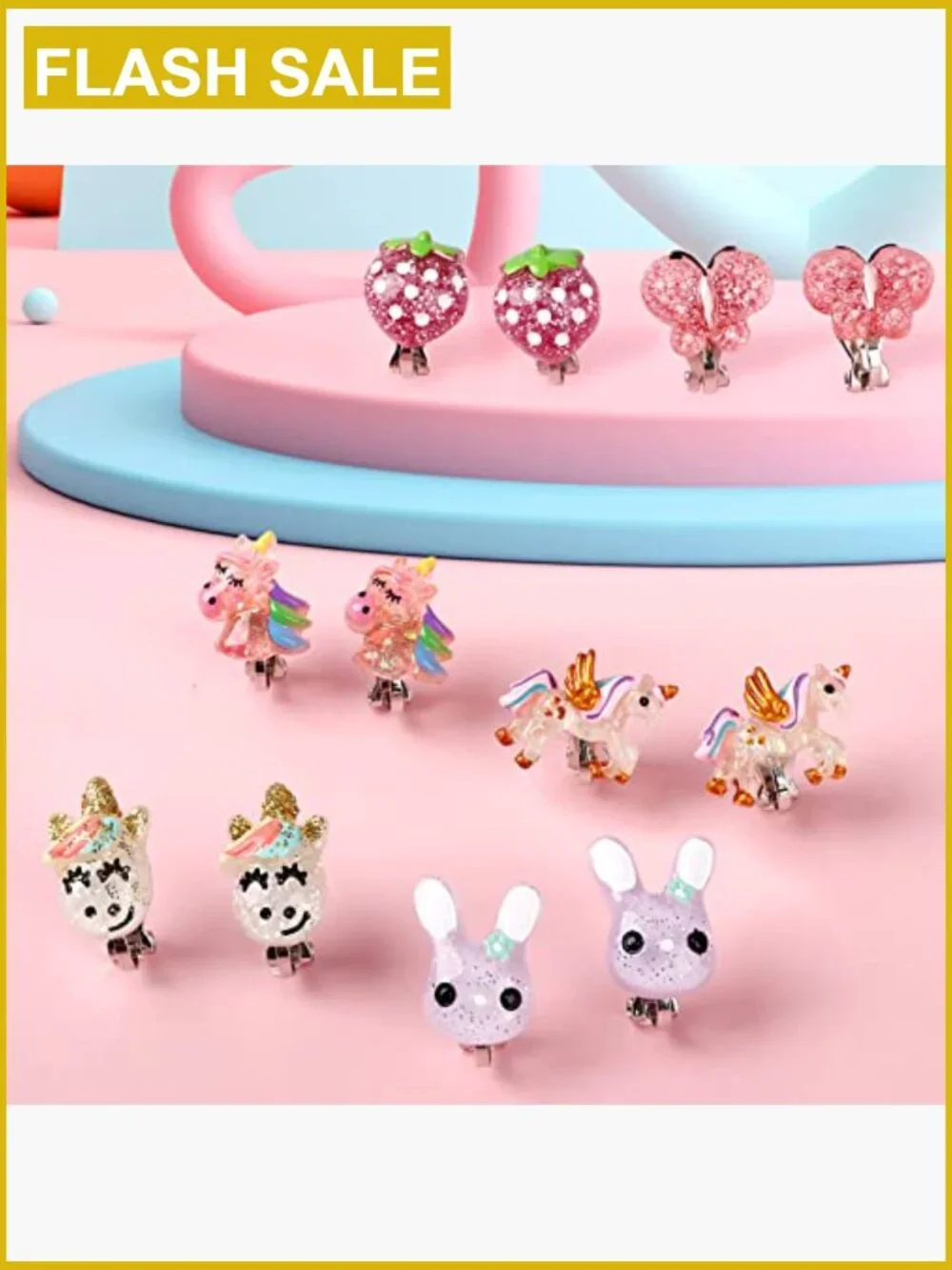 6 Pairs Clip On Earrings for Little Girls Unicorn Butterfly Strawberry
